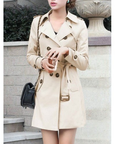 Women Outerwear For Woman Turndown Collar Buttons Retro Khaki Wrap Coat Trench Coats Street Wear