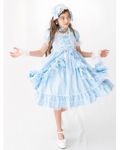 Rococo Lolita OP Dress Lace Trim Bow Ruffle Light Sky Blue Children Lolita One Piece Dress Summer Tea Party