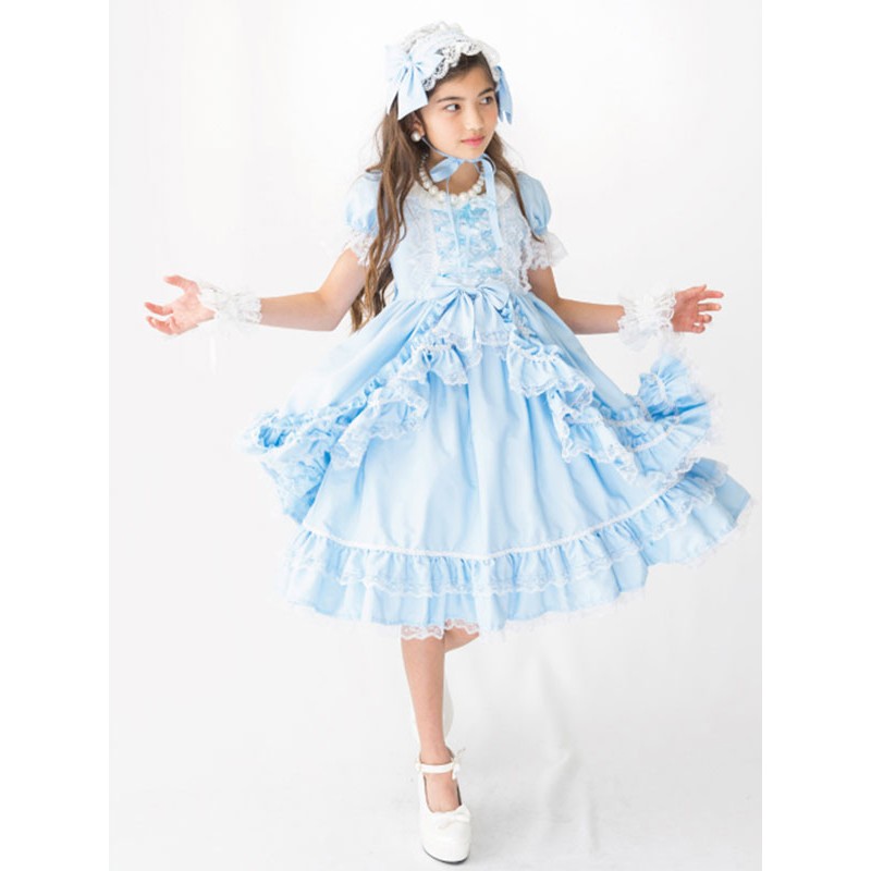 Rococo Lolita OP Dress Lace Trim Bow Ruffle Light Sky Blue Children Lolita One Piece Dress Summer Tea Party