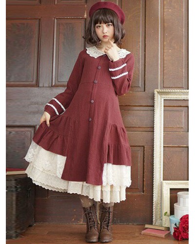 Classic Lolita OP Dress Lac Ruffle Button Two Tone Cotton Red Lolita One Piece Dress Classic  Traditional Fall Winter Daily Casual Tea Party