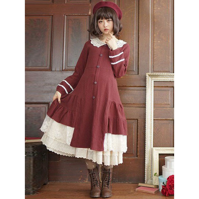 Classic Lolita OP Dress Lac Ruffle Button Two Tone Cotton Red Lolita One Piece Dress Classic  Traditional Fall Winter Daily Casual Tea Party