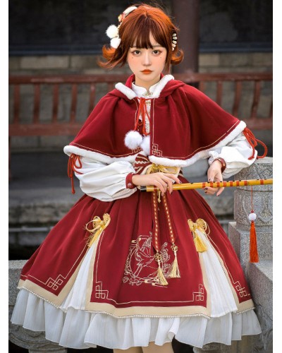 Chinese Style Lolita 2-Piece Set Red Lace Up Pom Poms Bows Long Sleeves Cloak Dress Outfit