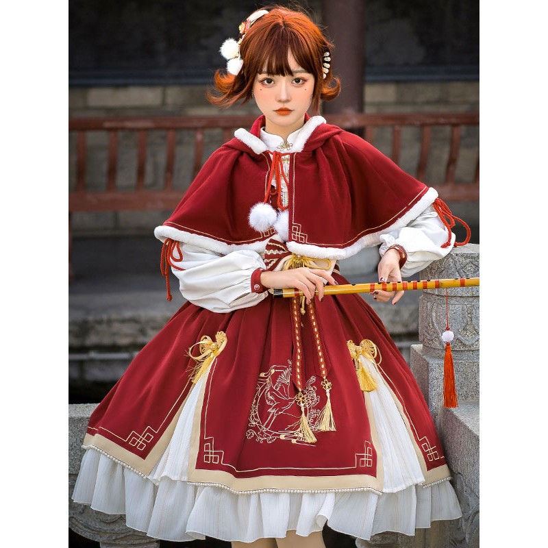 Chinese Style Lolita 2-Piece Set Red Lace Up Pom Poms Bows Long Sleeves Cloak Dress Outfit