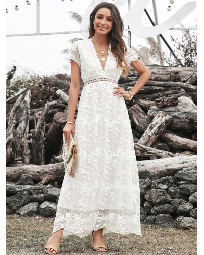 Women V-Neck Dress Short Sleeves Casual Floor Length Dress Maxi Bohemian Spring Summer