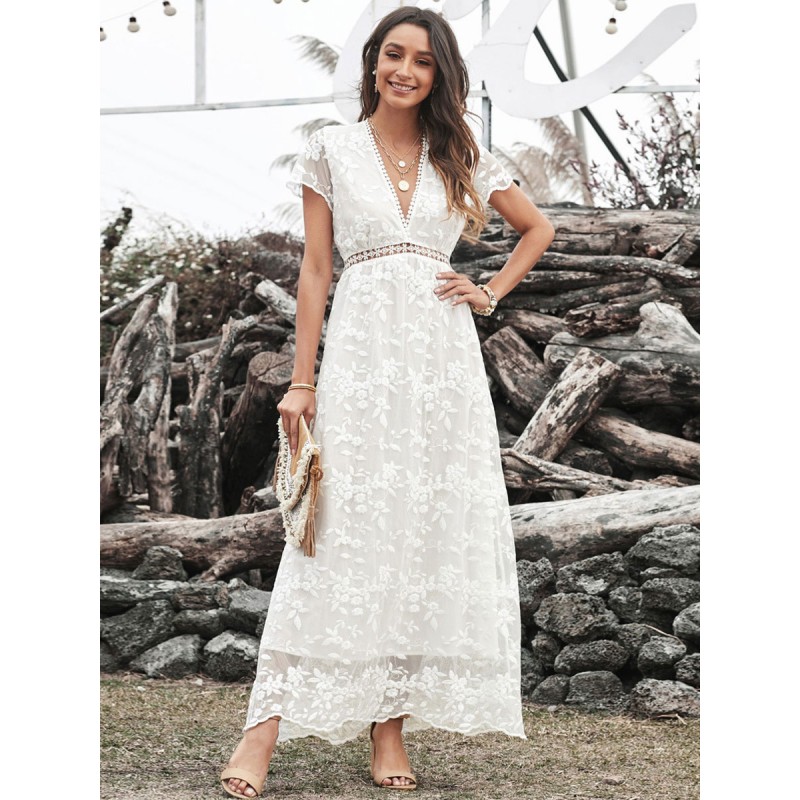 Women V-Neck Dress Short Sleeves Casual Floor Length Dress Maxi Bohemian Spring Summer