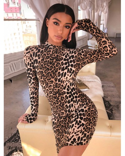 Women Leopard Sexy Mini Wrap Dresses Crewneck Long Sleeve Club Wrap Dresses Bodycon Fall