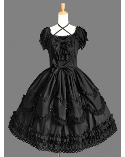 Classic Lolita OP Dress Black Ruffles Lolita One Piece Dresses Classic  Traditional Spring Summer Daily Casual