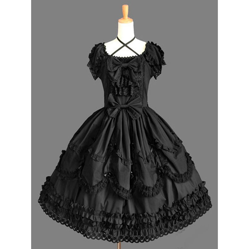 Classic Lolita OP Dress Black Ruffles Lolita One Piece Dresses Classic  Traditional Spring Summer Daily Casual