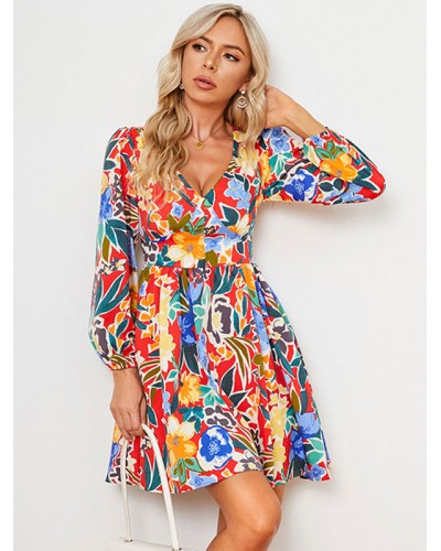 Boho Dress V-Neck Long Sleeves Floral Print Dress Bohemian Beach Resort Wear