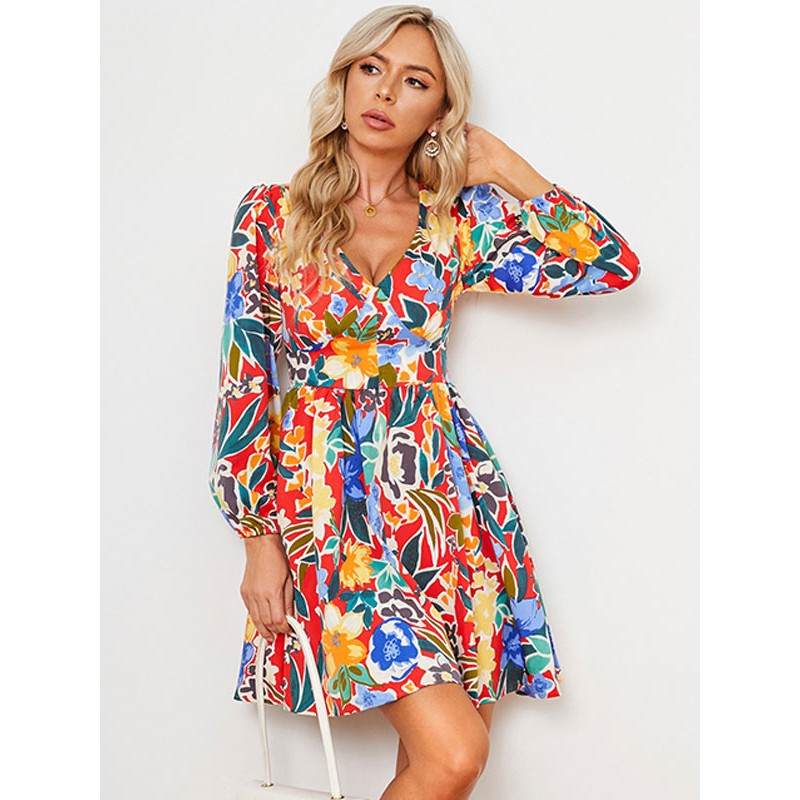 Boho Dress V-Neck Long Sleeves Floral Print Dress Bohemian Beach Resort Wear