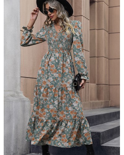 Floral Dress V-Neck Long Sleeves Layered Pleated Elegant Dresses Maxi Street Wear Daily Casual