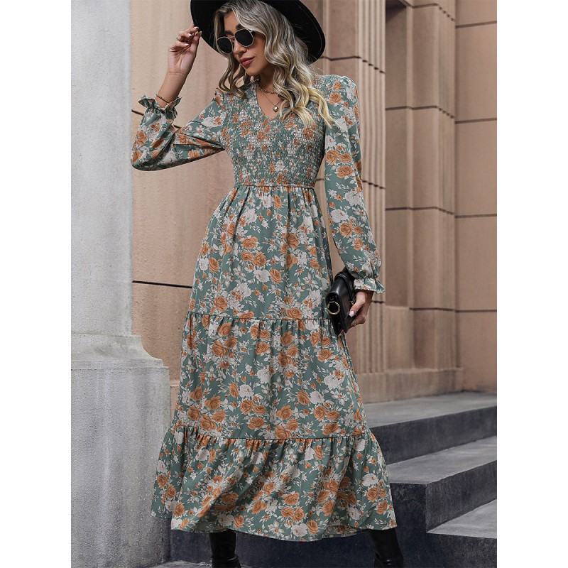 Floral Dress V-Neck Long Sleeves Layered Pleated Elegant Dresses Maxi Street Wear Daily Casual