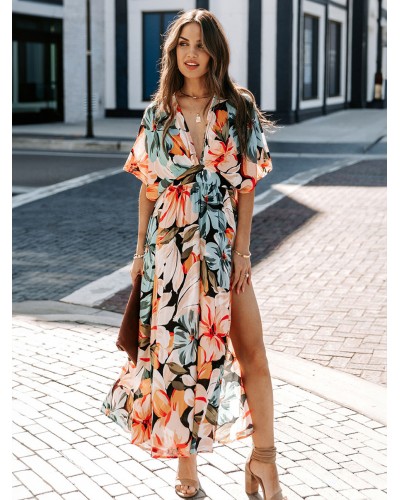 Summer Dress V-Neck Floral Print Blue Long Beach Dress Maxi Daily Casual