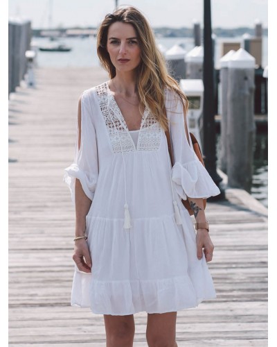 Shift Dresses White V-Neck Short Sleeves Summer Beach Swimwear Casual