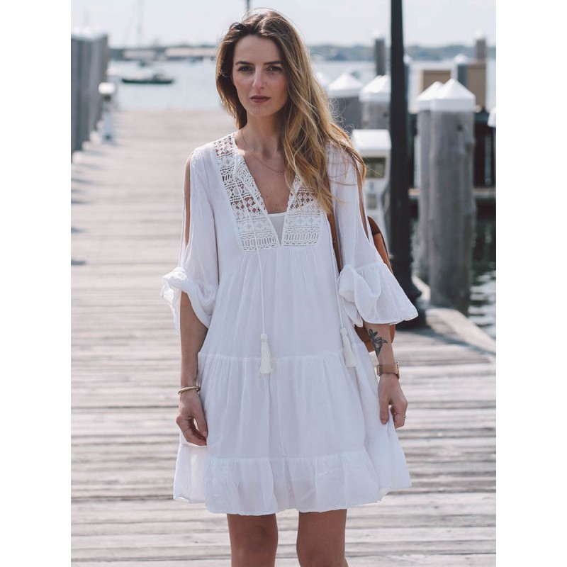 Shift Dresses White V-Neck Short Sleeves Summer Beach Swimwear Casual