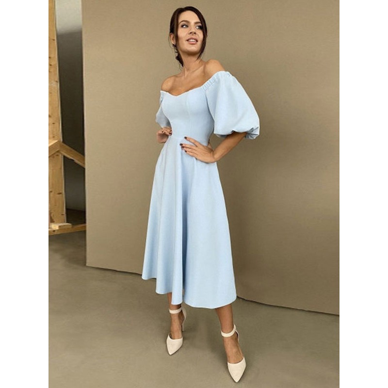 Women Midi Dress Bateau Neck Half Sleeves Semi Formal Party Dress Sexy Summer