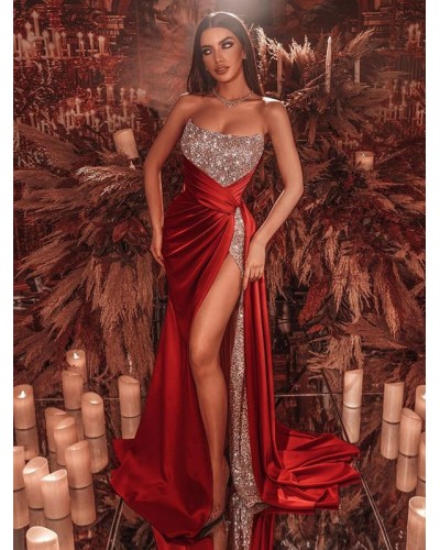 Women Birthday Party Dresses Red Strapless Sleeveless Open Shoulder High Slit Long Semi Formal Dress Bodycon Summer