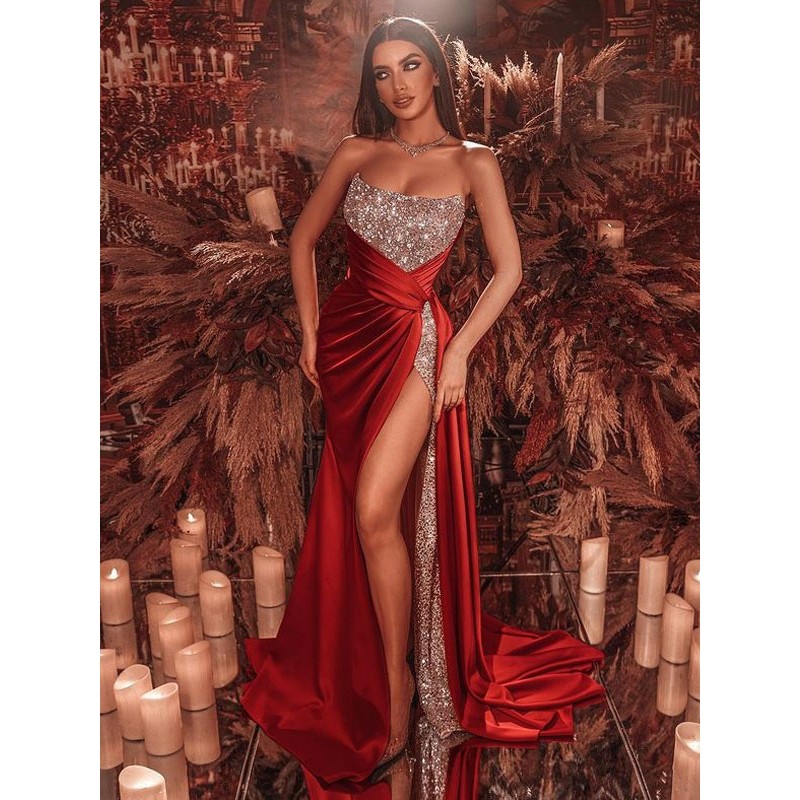 Women Birthday Party Dresses Red Strapless Sleeveless Open Shoulder High Slit Long Semi Formal Dress Bodycon Summer