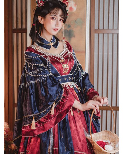 Chinese Style Lolita Dress Pearls Long Sleeves Jacquard Chinese Style Floral Print Red Chinese Style Lolita