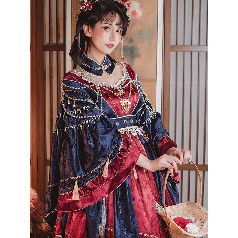 Chinese Style Lolita Dress Pearls Long Sleeves Jacquard Chinese Style Floral Print Red Chinese Style Lolita