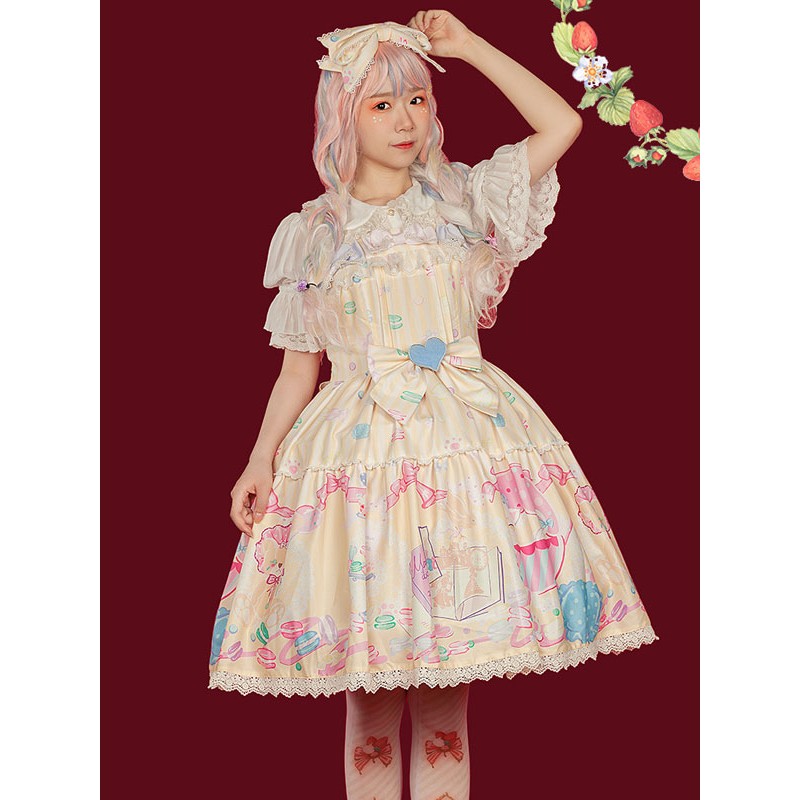 Lolita JSK Dress Infanta Fairytale Apricot Sleeveless Lace Bowknot Lolita Jumper Skirts Sweet Spring Summer Fall Daily Casual