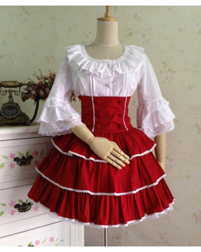 Rococo Lolita SK Skirt Two Tone Ruffles Layered Ribbons Pleated Red Lolita Dresses ROCOCO Spring Summer Fall Winter