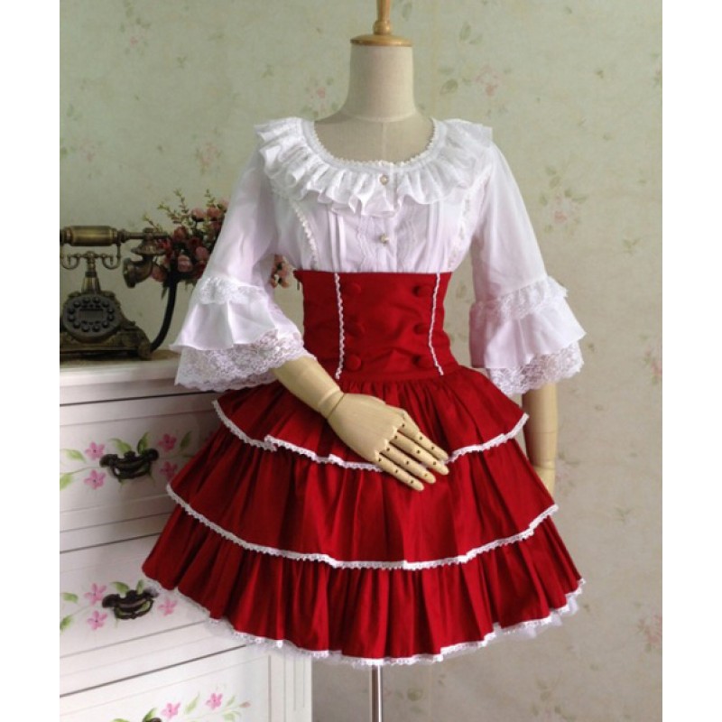 Rococo Lolita SK Skirt Two Tone Ruffles Layered Ribbons Pleated Red Lolita Dresses ROCOCO Spring Summer Fall Winter