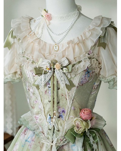 Lolita Corset For Women Light Green Floral Print Polyester Pastoral Style