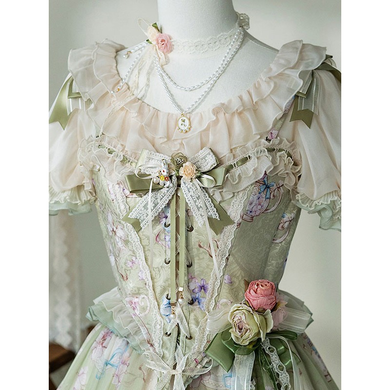 Lolita Corset For Women Light Green Floral Print Polyester Pastoral Style