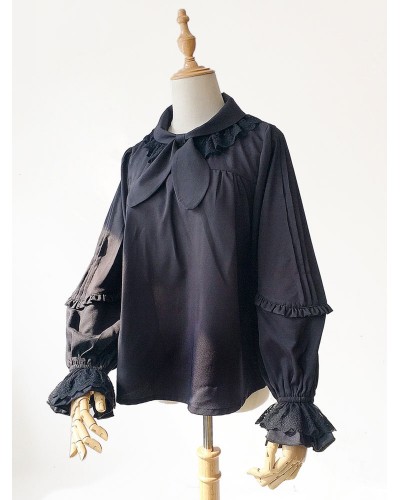 Sweet Lolita Shirt Infanta Lace Ruffle Bow Chiffon Black Lolita Blouse