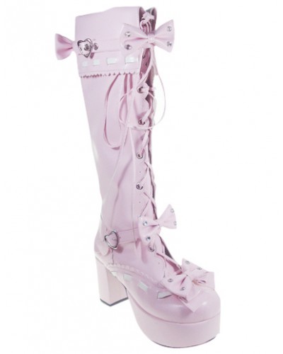 Sweet Pink Chunky Heel Stud Zipper Platform Bandage Lolita Boots