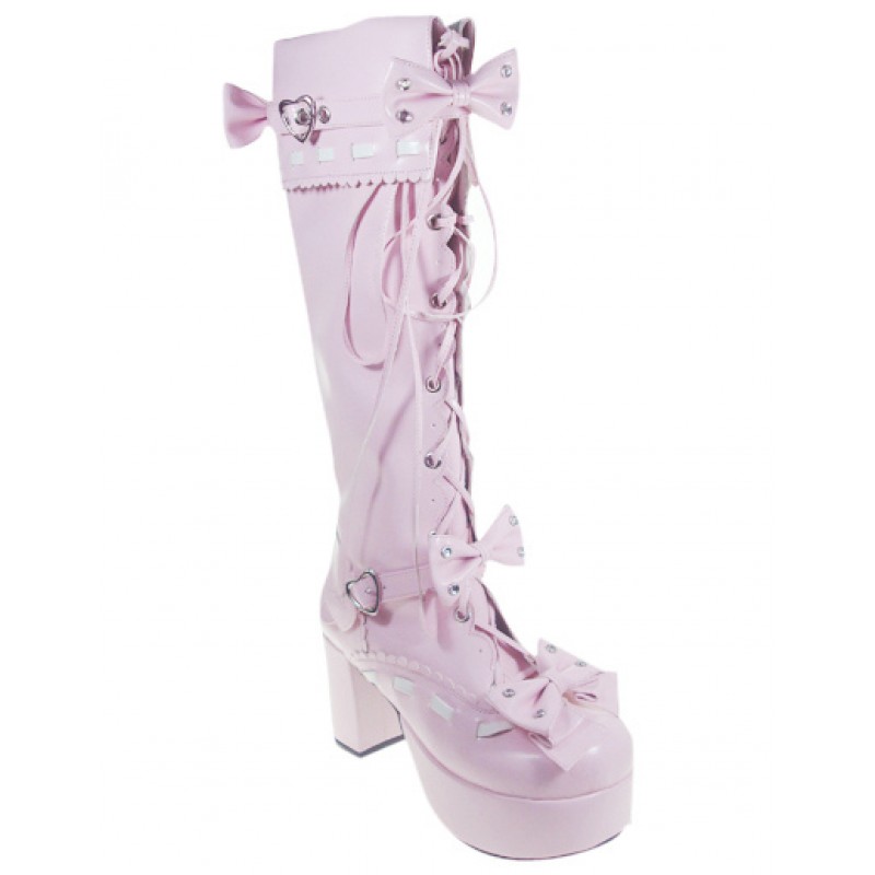 Sweet Pink Chunky Heel Stud Zipper Platform Bandage Lolita Boots