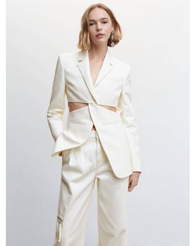 Blazer Jacket White Cut Out Lapel Long Sleeves Outerwear Tailored Jacket Spring Fall