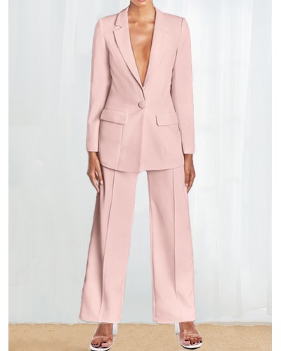 Women Two Piece Sets Pink Designed Neckline Buttons Classic Long Sleeves Blazer Jacket Long Pants Suits Outfit Classic  Traditional Fall