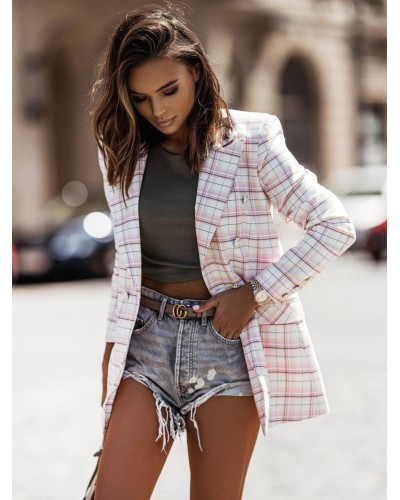 Women Blazer Jacket Pink Stripe Modern Plaid Turndown Collar Double Breasted Spring Fall Street Outerwear Classic  Traditional Field Office  Career