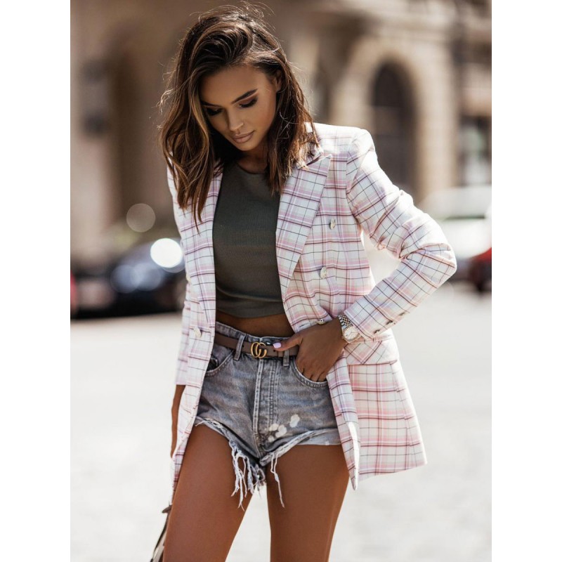 Women Blazer Jacket Pink Stripe Modern Plaid Turndown Collar Double Breasted Spring Fall Street Outerwear Classic  Traditional Field Office  Career