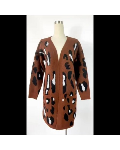 Sweaters Apricot Acrylic Leopard Print Long Sleeves Cardigans Casual