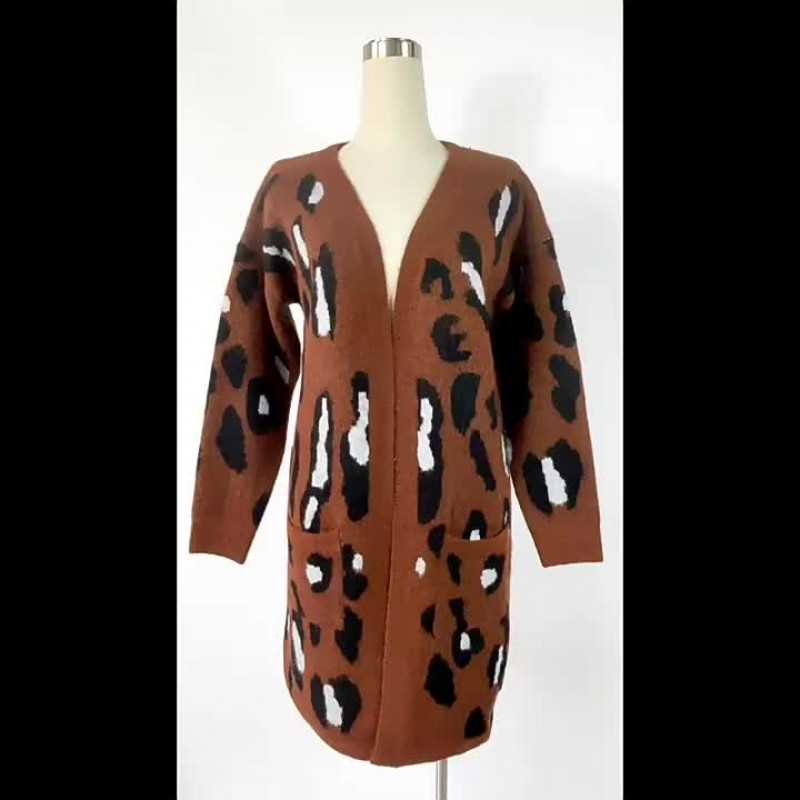 Sweaters Apricot Acrylic Leopard Print Long Sleeves Cardigans Casual