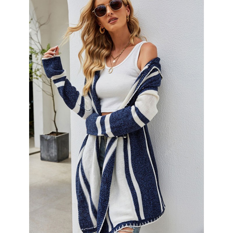 Women Knit Cardigan Dark Navy Hooded Long Sleeves Stripe Pattern Open Front Relaxed Fit Spring Fall Outerwear Casual Street Wear Field