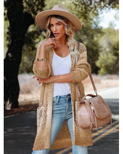 Knitted Cardigan Khaki Ombre Long Sleeves Open Front Relaxed Fit Spring Fall Midi Outerwear For Women Casual