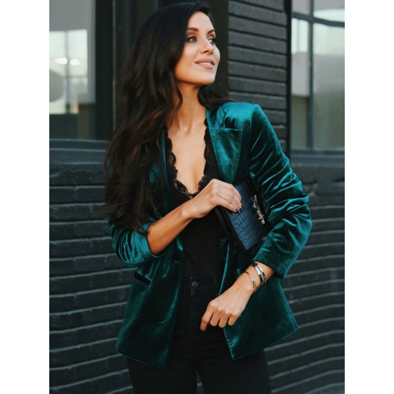 Velour Blazer Jacket For Women Green Burgundy Solid Color Slim Fit Spring Fall Street Outerwear Casual