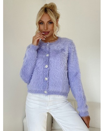 Women Sweaters Cardigans Long Sleeves Buttons Purple Fall Outerwear Chic  Modern Casual Street Wear Daily Casual