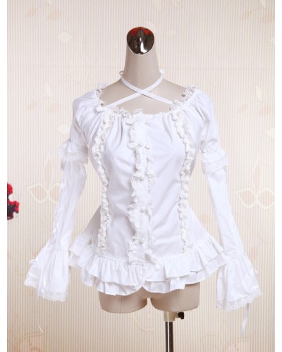 White Cotton Lolita Blouse Long Hime Sleeves Neck Straps Lace Trim Ruffles Sweet