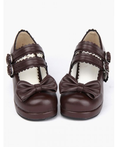 Coffee Brown Lolita Chunky Heels Shoes Square Heels Ankle Straps Buckles Bow Decor Daily Casual