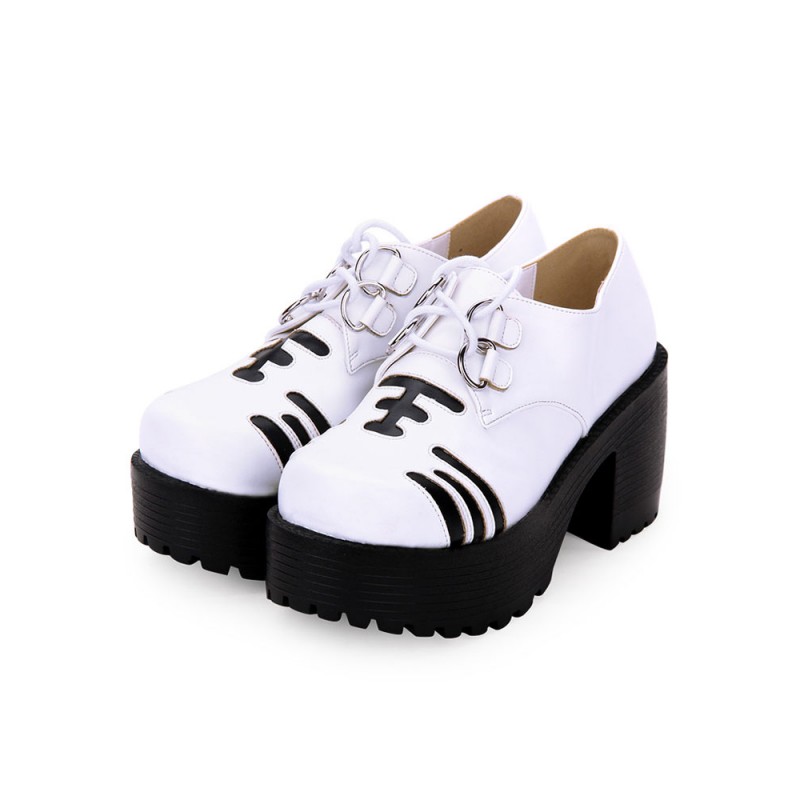 Lolita Footwear Print Two Tone Lace Up Platform White Lolita Shoes Sweet Daily Casual Tea Party