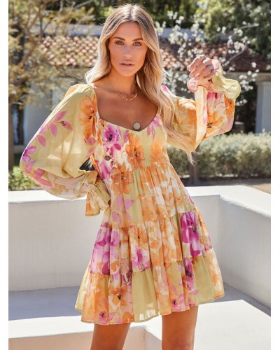 Women Mini Dresses Yellow Floral Print Long Sleeves Short Dress Sexy Spring