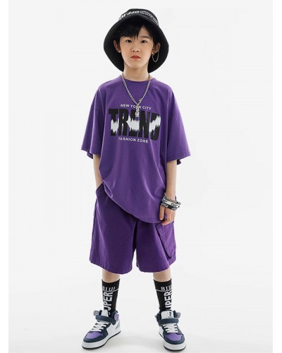 Dance Costumes Kid's Purple Unisex Pants Top Set Cotton Street Costume Hip Hop Dancing Party