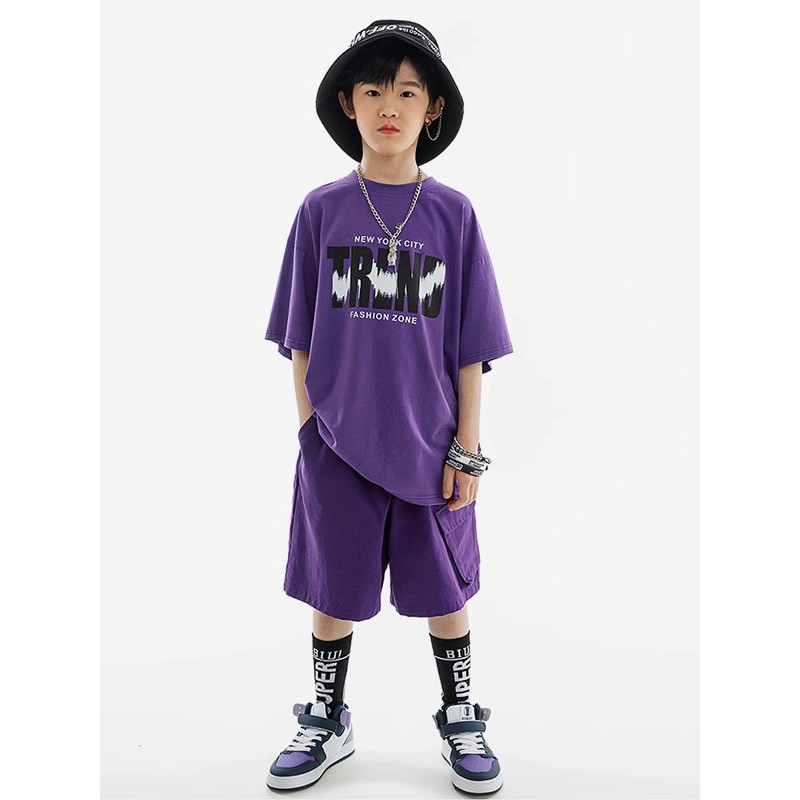 Dance Costumes Kid's Purple Unisex Pants Top Set Cotton Street Costume Hip Hop Dancing Party