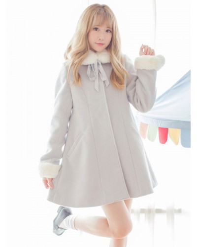 Sweet Lolita Coat Furry Collar Pom Pom Grey Wool Lolita Overcoat Winter