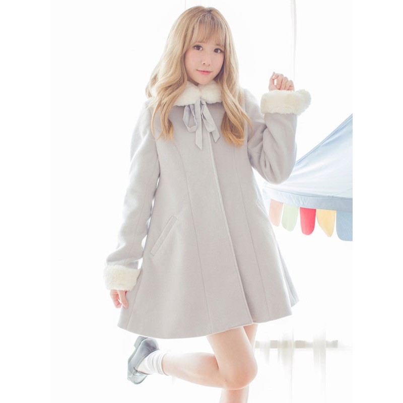 Sweet Lolita Coat Furry Collar Pom Pom Grey Wool Lolita Overcoat Winter